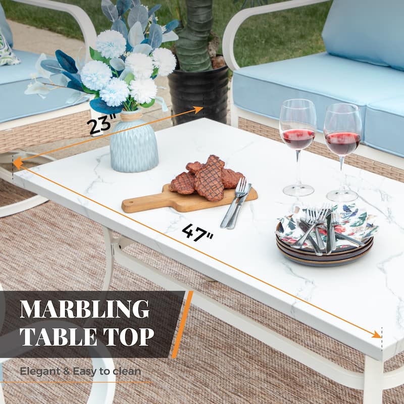 MAISON ARTS 5-Seat Patio Furniture Set, 2 x Cushioned Metal Chair, 1 x 3-Seat Sofa with Marbling Coffee Table