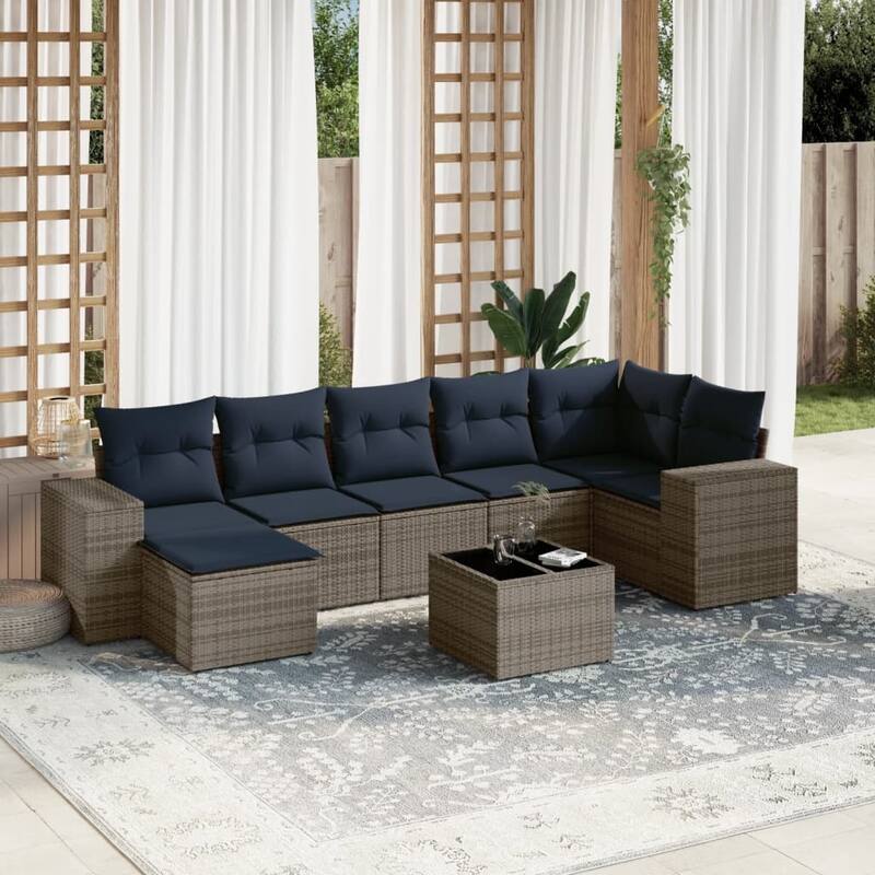 vidaXL 7/8 Piece Patio Sofa Set with Cushions Black/Brown/Gray Poly Rattan - 24.4 x 24.4 x 27.2