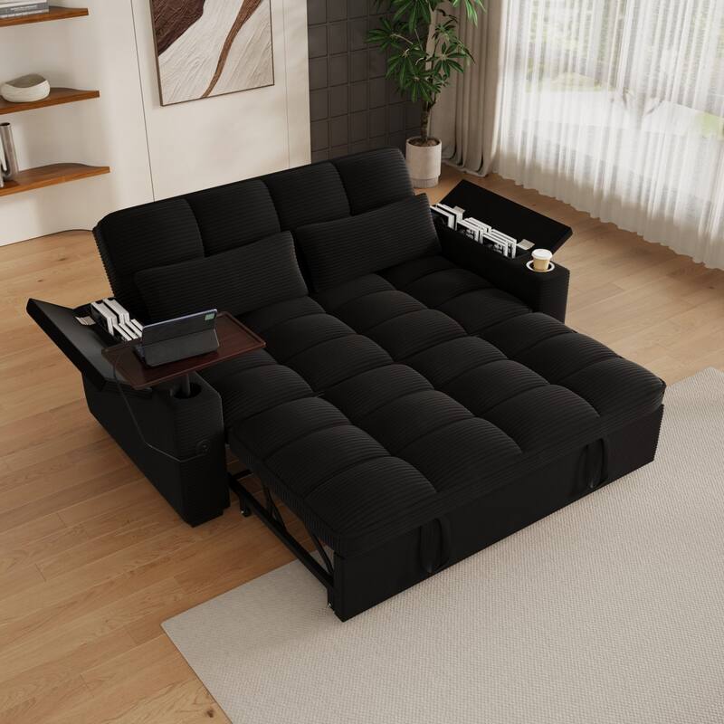 65'' Chenille 3-in-1 Folding Sectional Sofa with 360-Degree Swivel Side Table