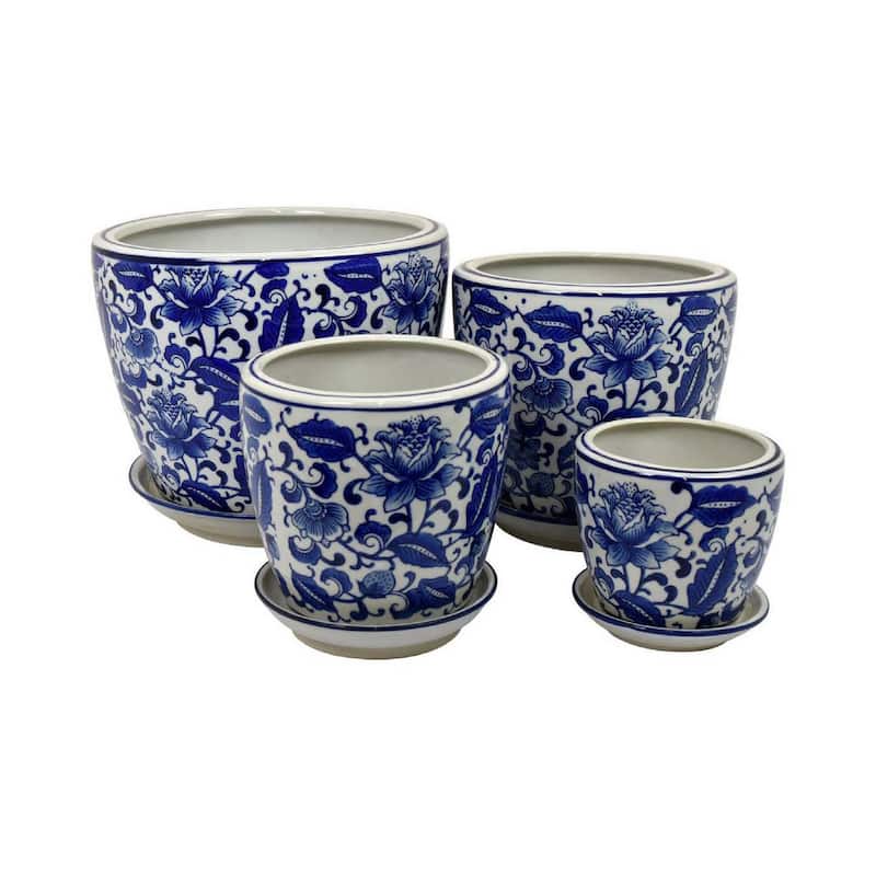 Planter With Saucer Set of 4, Vintage Blue Floral Print, White Ceramic