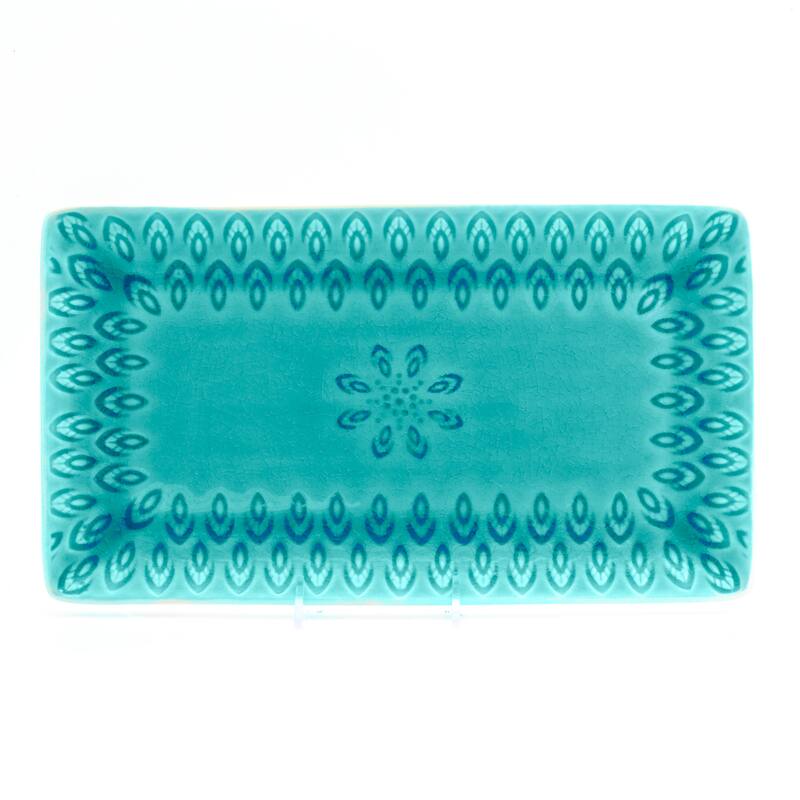 Euro Ceramica Peacock 12" Rectangular Crackle-Glazed Platter - 12.00 in. x 6.69 in. x 1.06 in. - Lagoon