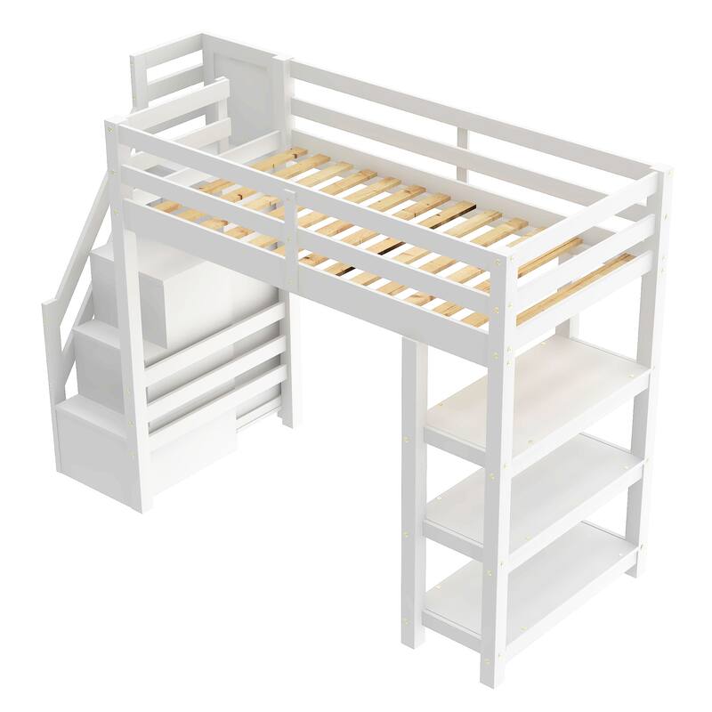 Wood Twin Size Loft Bed with Shelves, Storage Staircase, Small Wardrobe and LED Light, Loft Bed Frame w/Slats Support