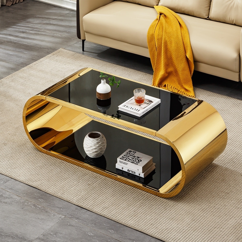 Gold Stainless with Glass Coffee Table, Modern Coffee Table for Living Room