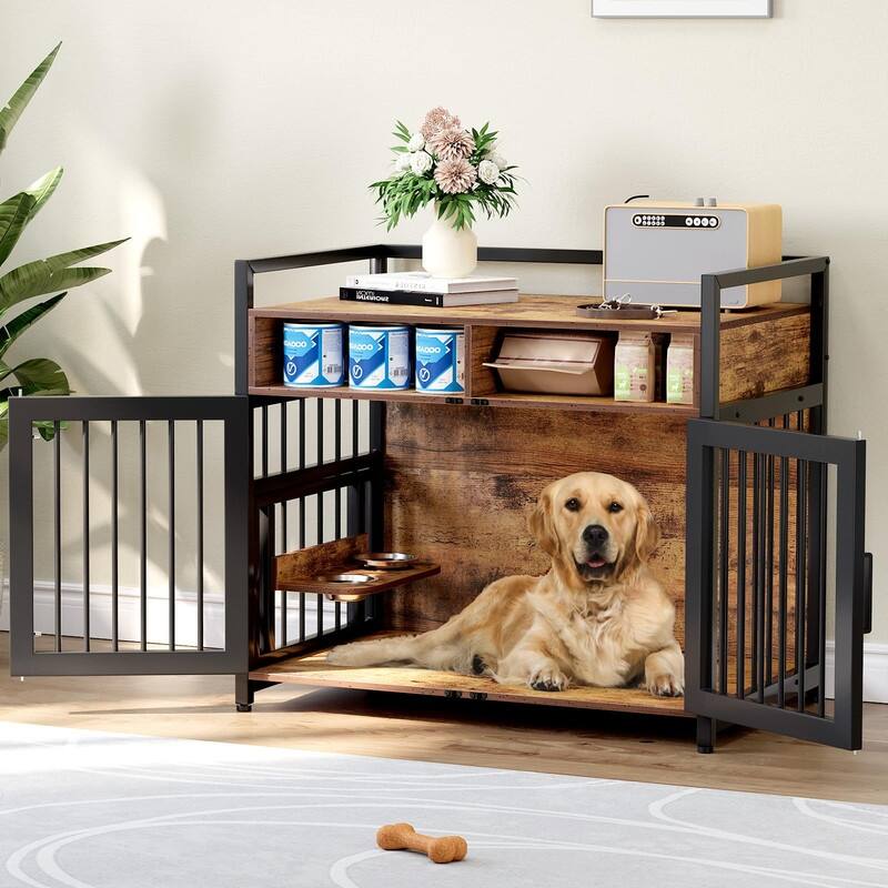 Heavy Duty Dog Crate Kennels Storage Furniture With Adjustable Raised Feeder - 41 inch