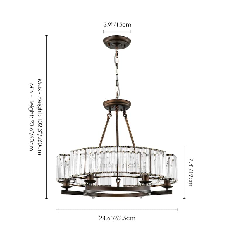 6-Light Mid-Century Modern Aged Bronze Drum Wagon Wheel Chandelier with Crystal Shade - 24.8 in. W x 20.47 in. H