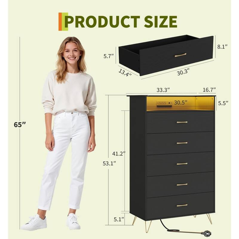 5-Drawer Dresser for Bedroom with Charging Station & RGB Lights