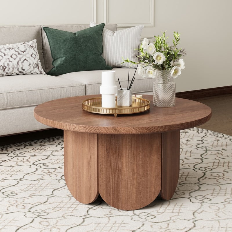 Mid-Century Modern 31" Round Side Table - Sculpted Petal Base, Smooth Faux Wood Finish