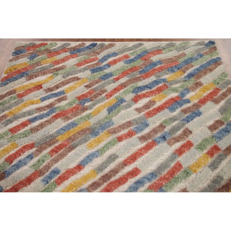 Hand Knotted Oriental 100% Wool Carpet Modern Stripe Multi-Colored Abstract Area Rug - 7' 9'' X 5' 8''