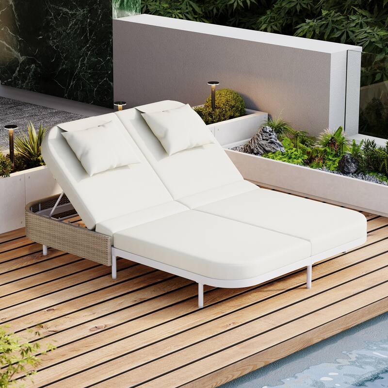 Outdoor Daybed, Patio Rattan Daybed, with 5-Position Adjustable Backrest and Removable Cushions & Pillows