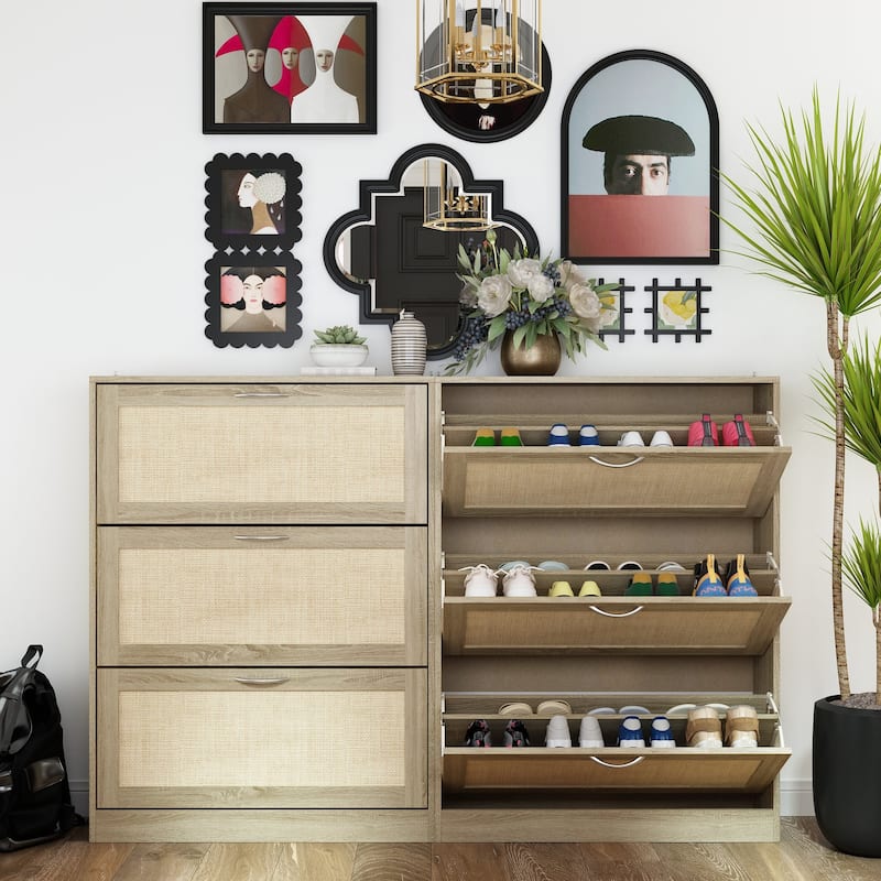 Rattan Narrow Shoe Cabinet with 3 FILP Drawers,Shoe Storage Organizer