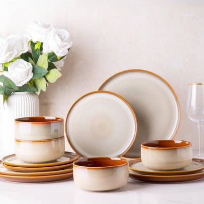 Ceramic Dinnerware Sets,12-Piece Plates and Bowls,Handmade Reactive Glaze Dishes Set,Chip Resistant & Scratch Resistant Oven