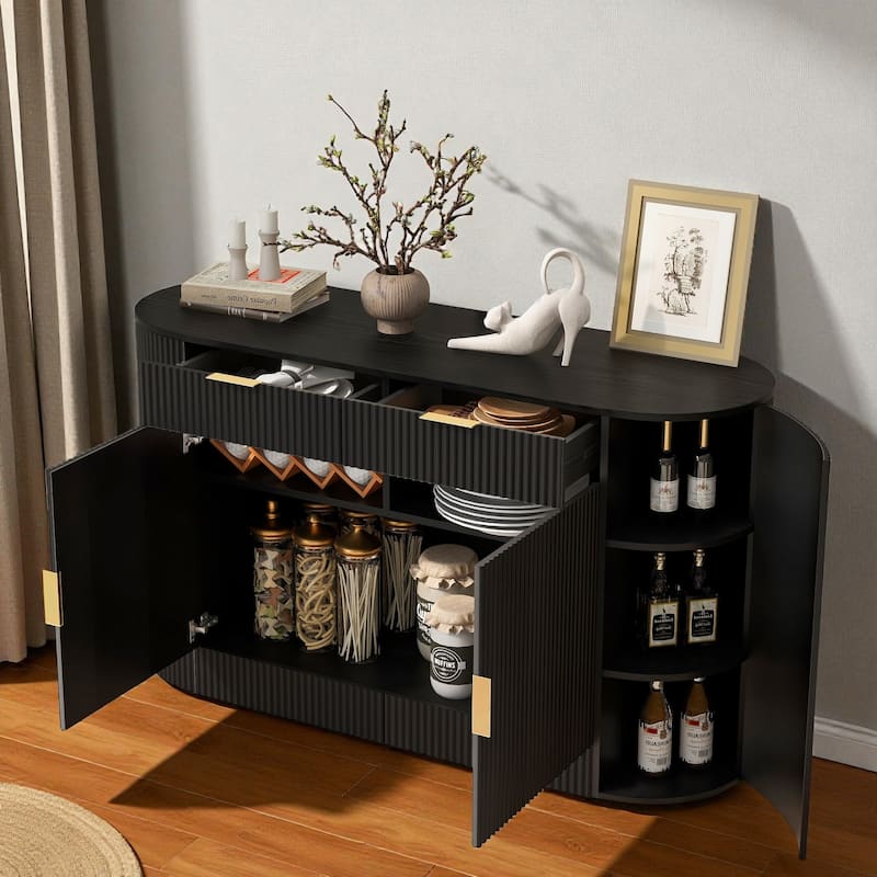 Modern 55.1" Storage Cabinet with Curved Doors, 2 Drawers & Side Shelves, Stripe MDF Buffet Console Table