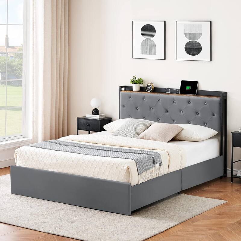 Queen Grey Bed Frame with 4 Storage Drawers and Charging Station,with Storage Headboard - Grey - Queen