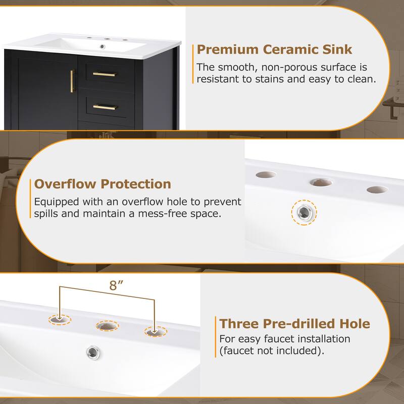 30" Modern Bathroom Vanity Set with Ceramic Sink - Soft-Close Doors & 3 Drawers, Storage Cabinet with Removable Tray