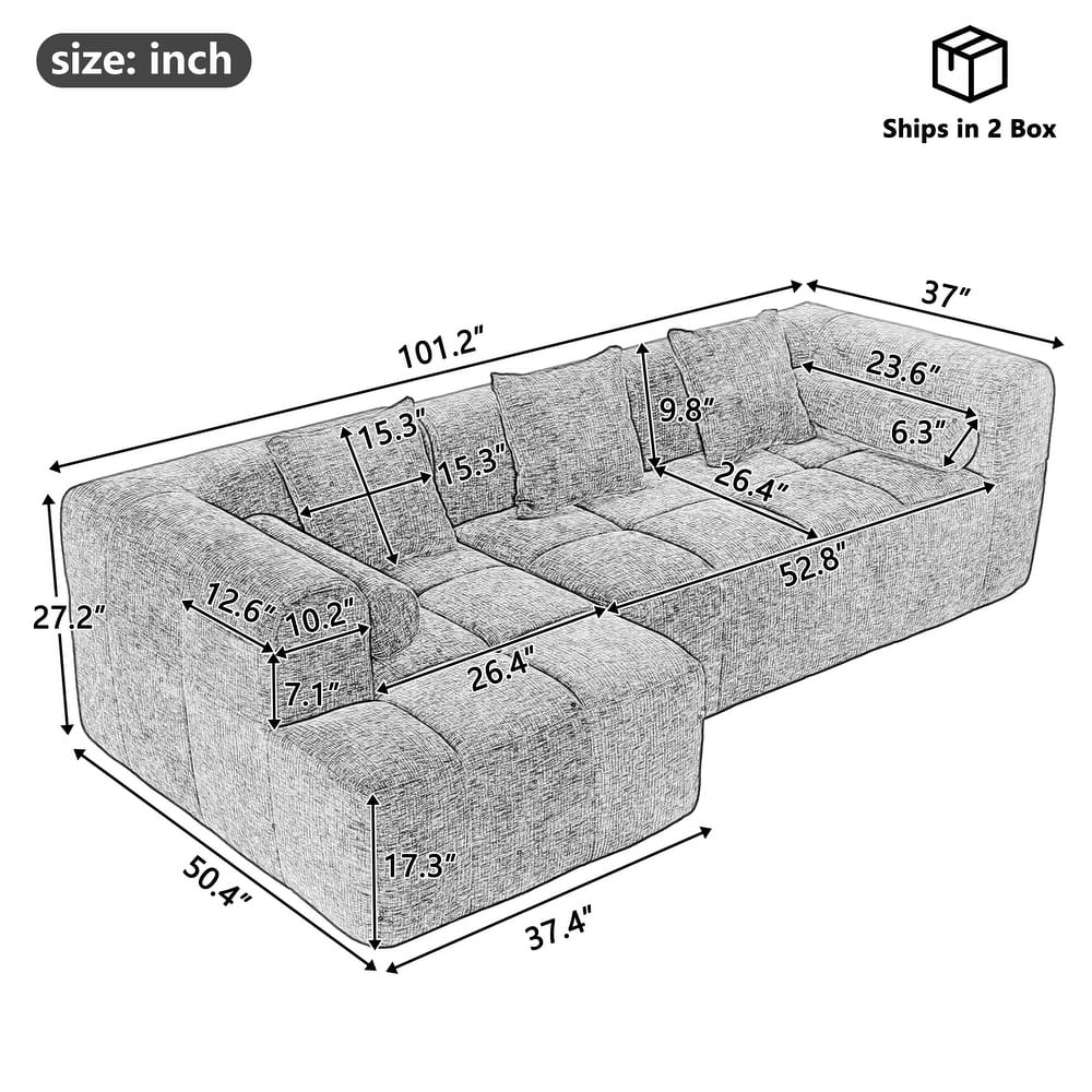 Full-Compressed Sectional Sofa with L-Shape Chaise, Modular 3 Seater Sectional Sofa, Upholstered Sofa with Side Pockets
