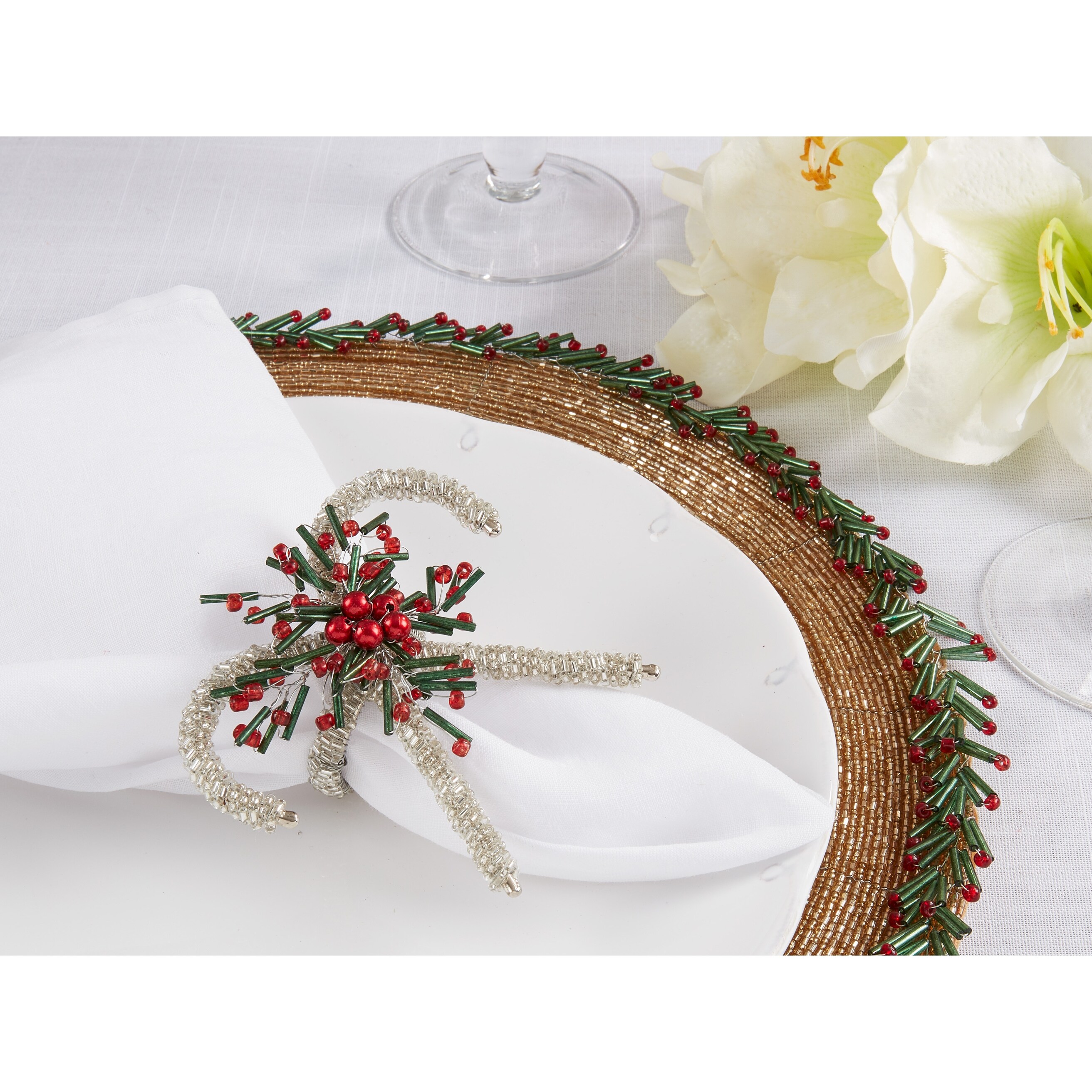 Festive Flair Beaded Candy Cane Napkin Ring Set of 4 Bed Bath