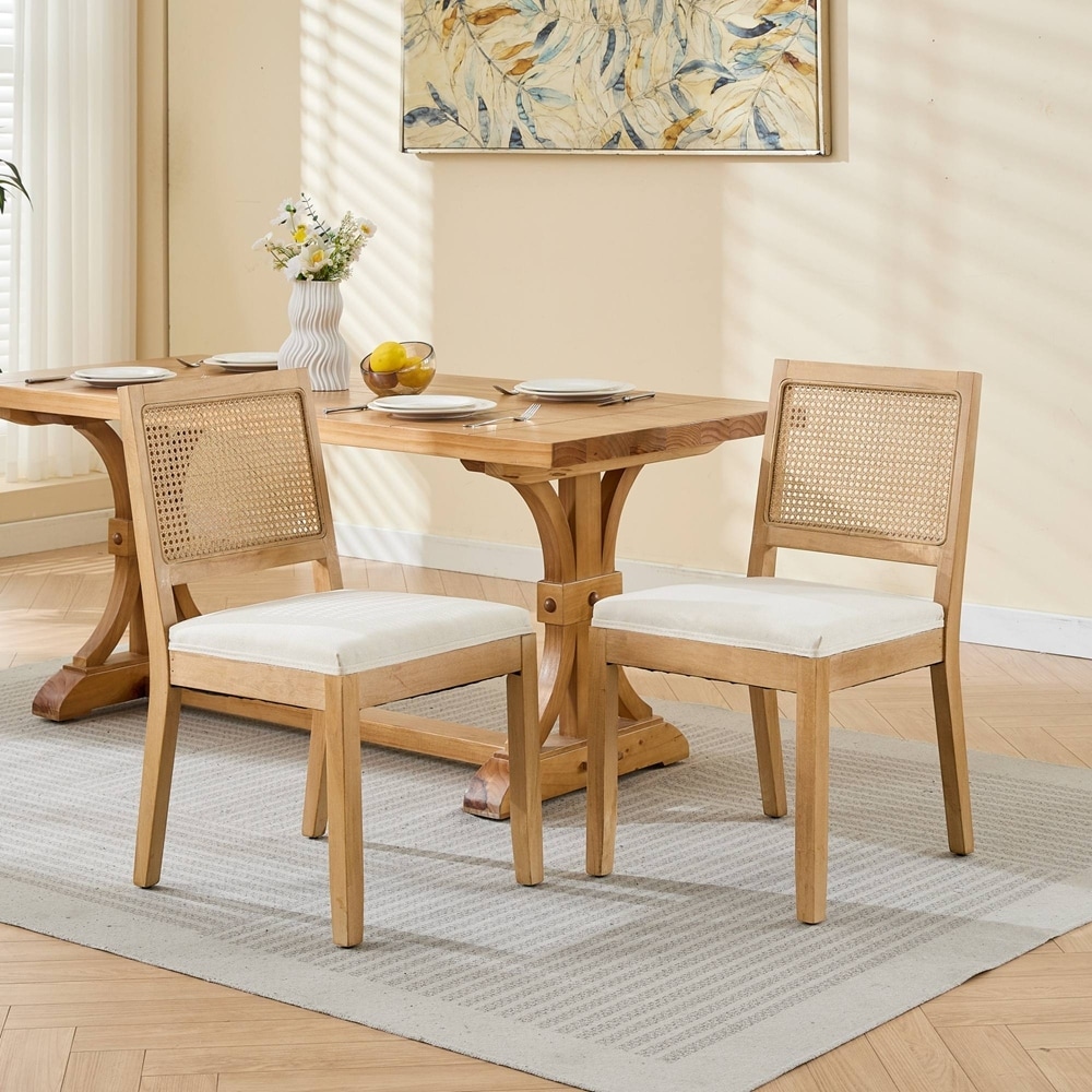 Cane Upholstered Kitchen Side Chair with Natural Hardwood Frame Rattan Dining Chairs Set of 2