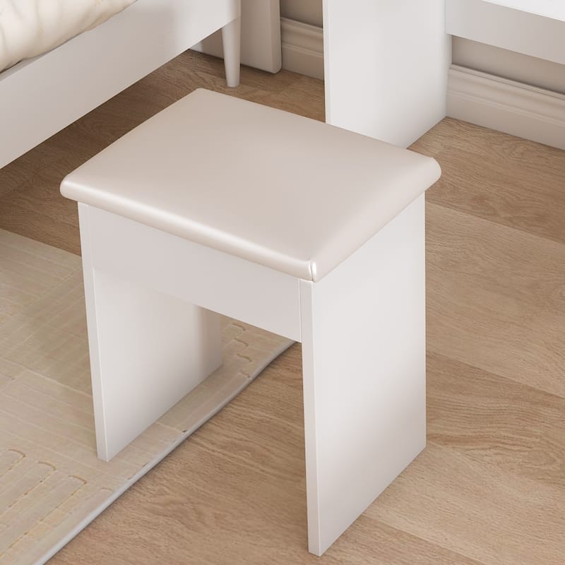 Modern Mini Dressing Table with LED-lit Mirror & Hidden Storage,Includes Padded Stool,Multi-tier Dust-proof Shelves