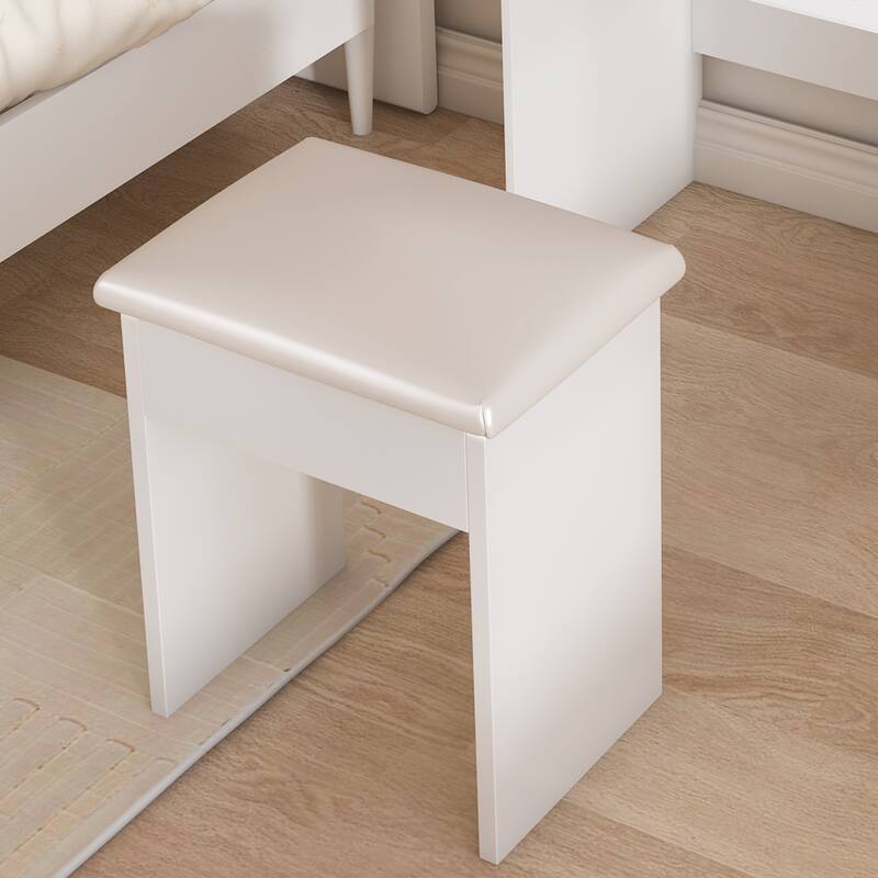 White Dressing Table with Padded Stool, Bedroom Makeup Vanity Desk with Adjustable LED Light Mirror