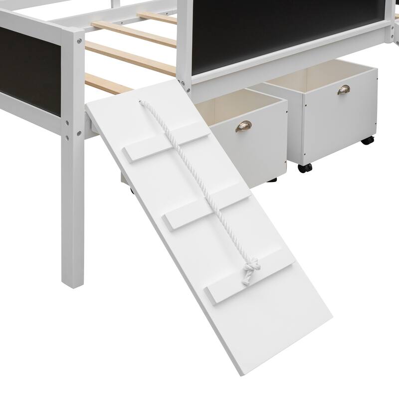 Twin Loft Bed with Climbing Frame and Slide, Wooden Loft Bed with Chalkboard & Storage