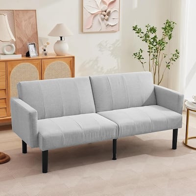 75.5” Convertible Futon Sofa Bed, Linen Flannel Small Couch Sofa with Wood Legs