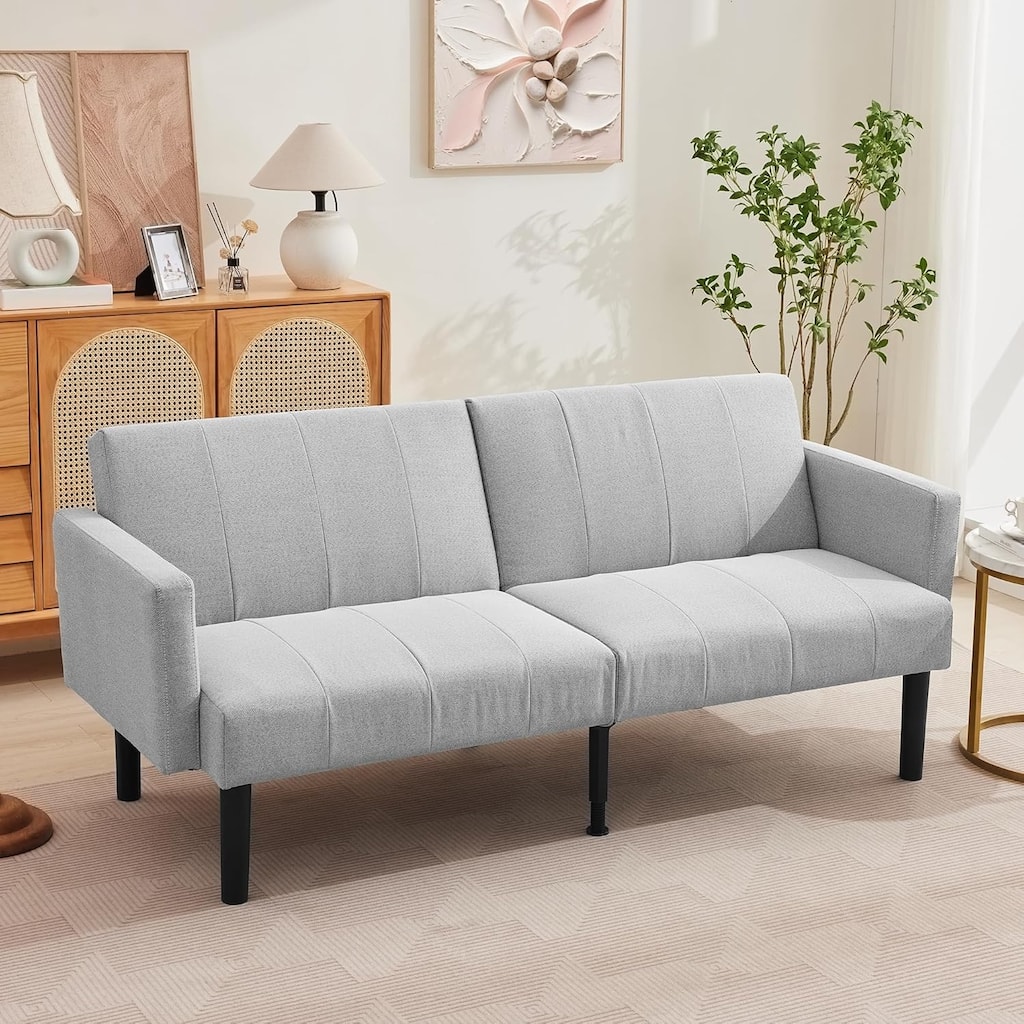 75.5” Convertible Futon Sofa Bed, Linen Flannel Small Couch Sofa with Wood Legs