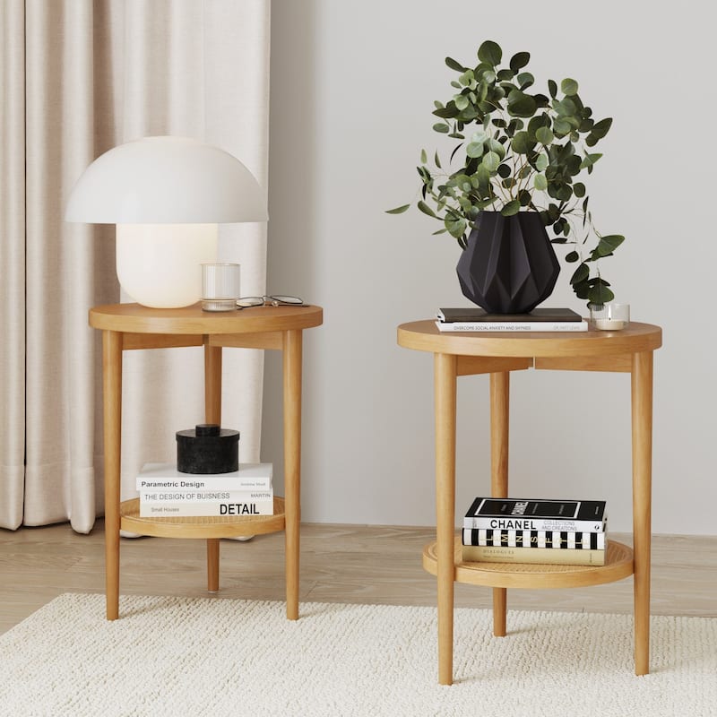 Nathan James Sonia Bohemian 2-Tier Round End Table in Light Wood With Rattan Storage Shelf - Warm Pine - Set of 2