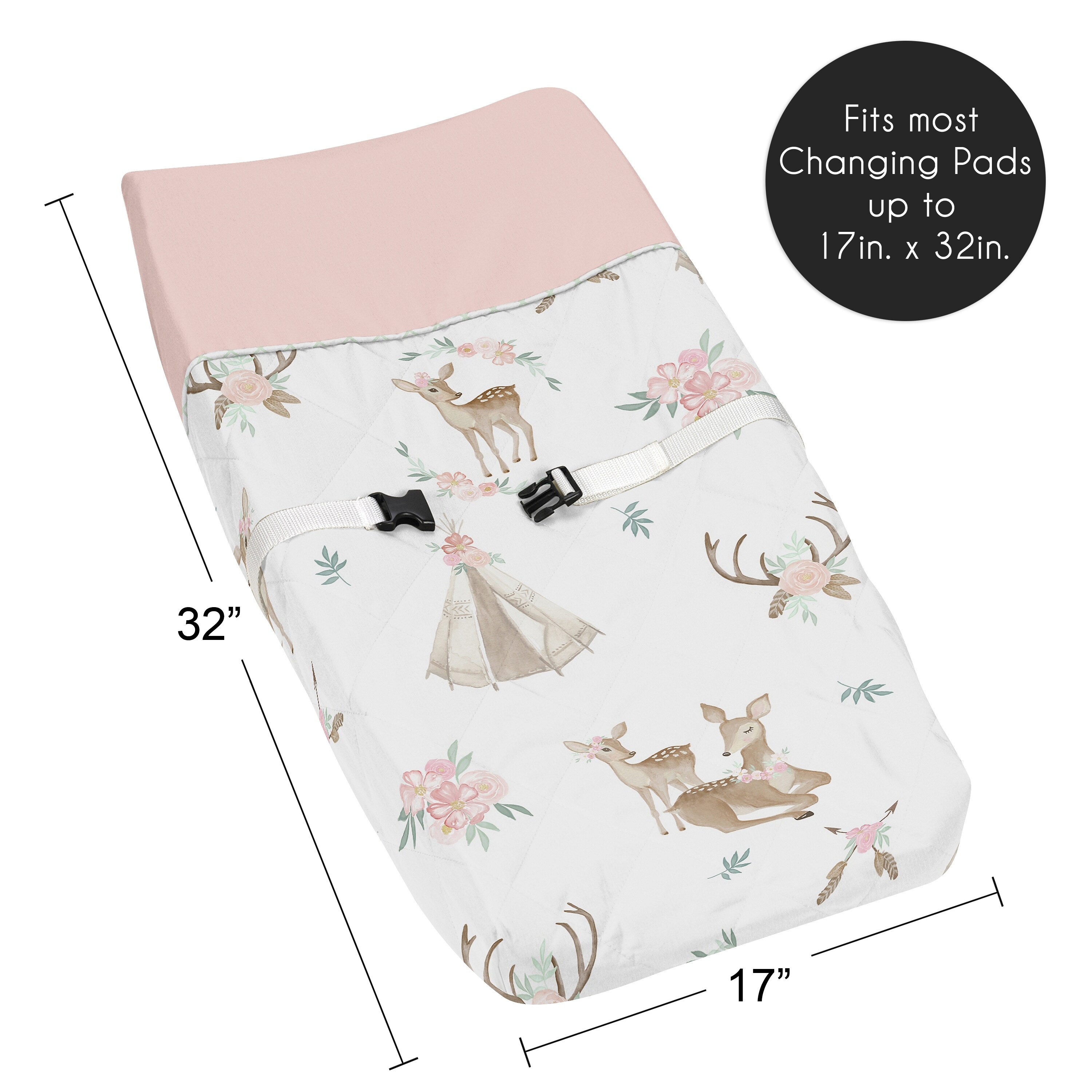 Sweet Jojo Designs Blush Pink Mint Green and White Boho Woodland Deer Floral Collection Changing Pad Cover Bed Bath Beyond 24172344