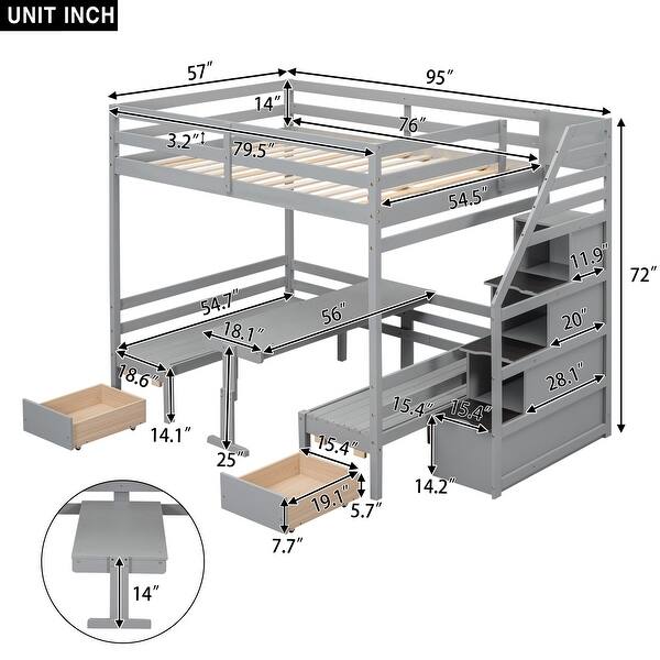 dimension image slide 0 of 2, Full Size Pine Wood Convertible Bunk Bed with Storage Staircase and Drawer, Down Bed Converts to Seats and Table Set