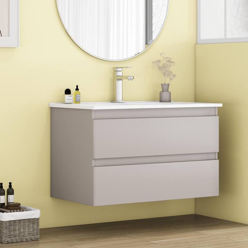32 Inch Floating Bathroom Vanity with One-piece Ceramic Sink, Wall Mounted Cabinet with 2 Drawers