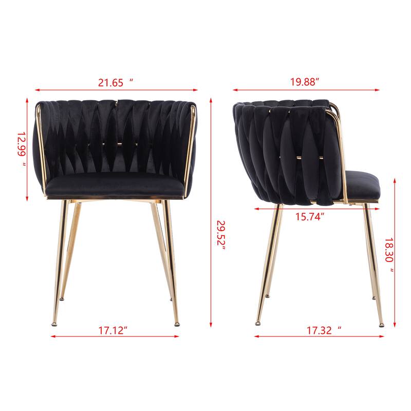 Velvet Fabric Dining Chairs Set of 2, Ergonomic Upholstered Lounge Chair, Accent Chairs with Woven Back & Metal Legs