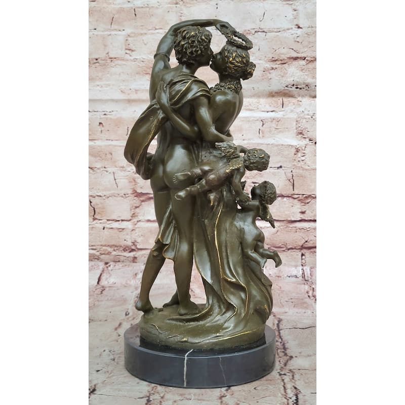 Romantic Lovers And Cherubs Bronze Sculpture On Marble Base By Milo