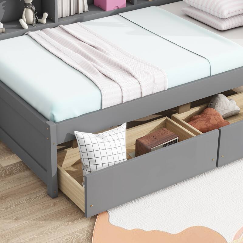 Twin Size Platform Bed with L-Shaped Bookcase, Built-in Charging Station, 2 Storage Drawers