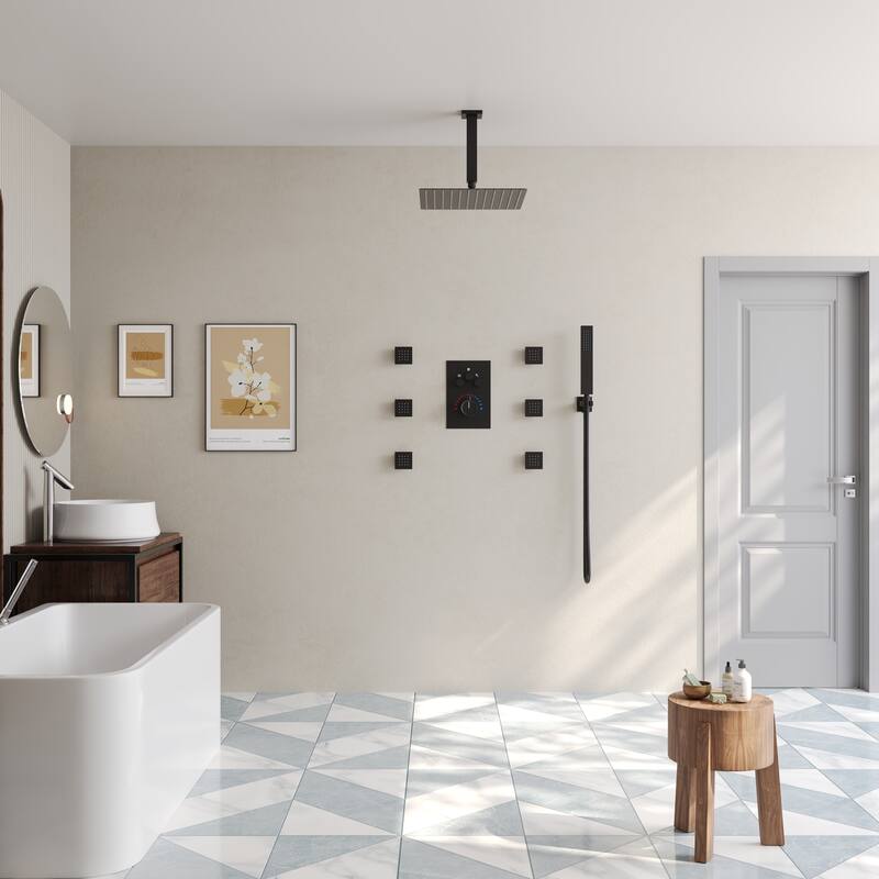 Shower System 12" Ceiling Rain Shower Head with 3-Way Thermostatic Faucet & Body Jets