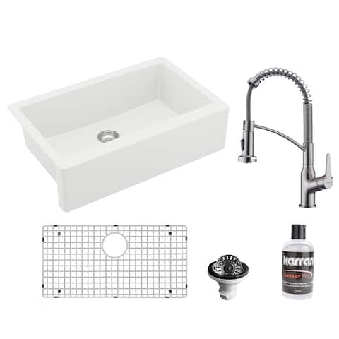 Karran All-in-One Apron Front/Farmhouse Quartz 34-in Single Bowl Kitchen Sink in White with Faucet KKF210 in Stainless Steel