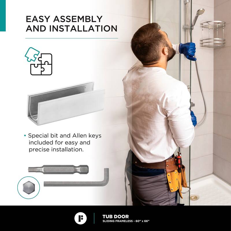Fine Fixtures Tub Door Sliding Frameless Tempered Glass