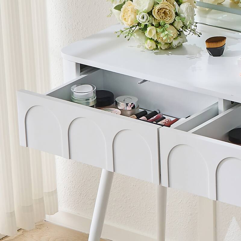 Modern Makeup Vanity Desk with LED Lights & Mirror, Extendable Dressing Table Set with Stool, 4 Drawer & Side Cabinet