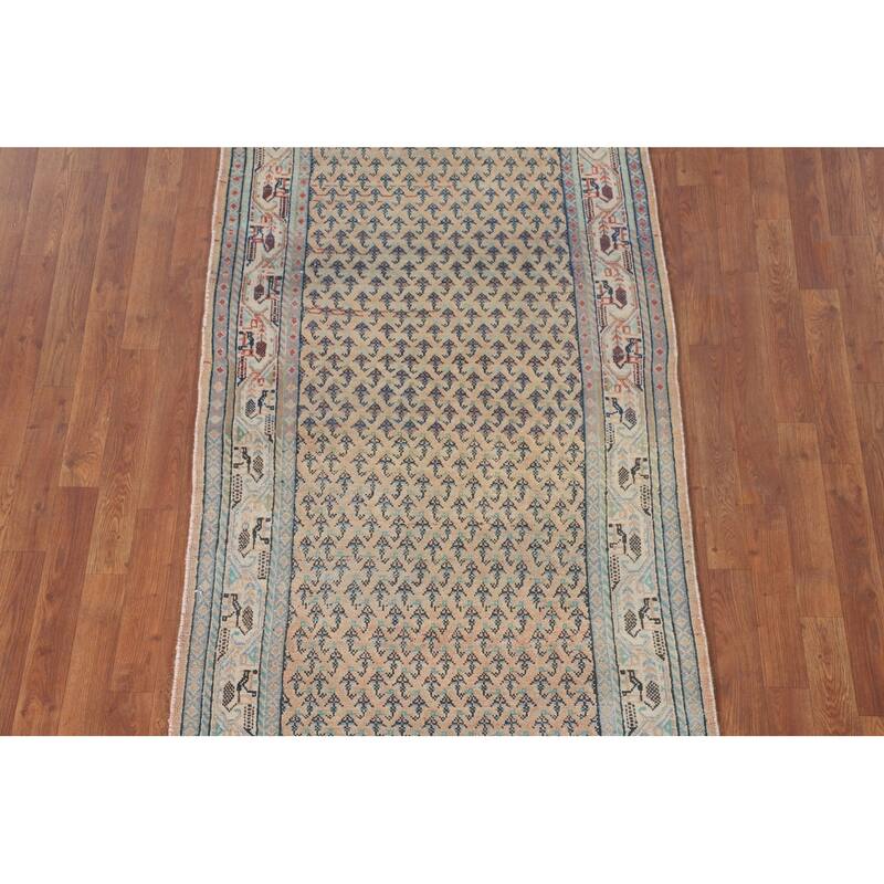 Geometric Botemir Persian Vintage Runner Rug Handmade Wool Carpet - 3'5" x 10'2"
