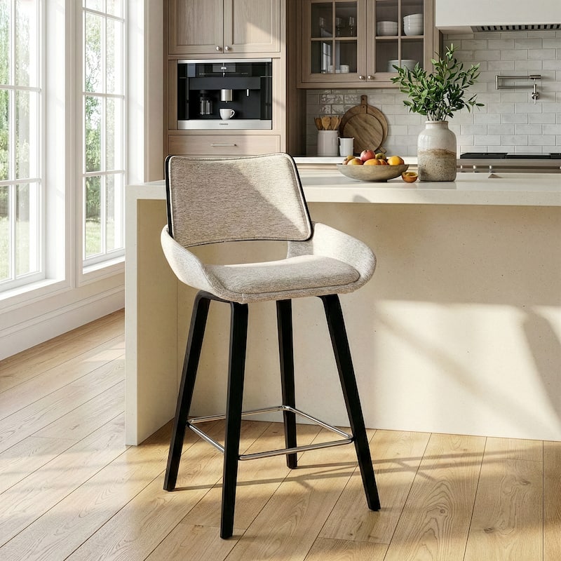 Bea White Two-Toned Linen Fabric Counter Stool with Black Wood Legs