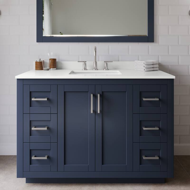 Wyndham Collection WCF292948S-QTZ-US3M46 Miranda 48" Free Standing - Dark Blue / White Quartz Top / Brushed Nickel