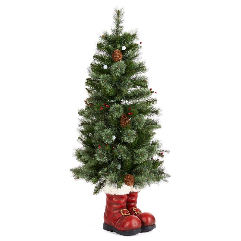 Glitzhome 4.5ft LED Lighted Christmas Tree with Santa Boots Base, Berry Bow Wreath, Garland Set for Front Door Entryway