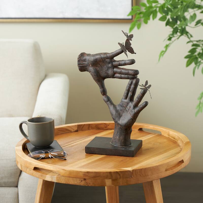 Dark Brown Polystone Sign Hands Decorative Sculpture with Butterrfly Accents