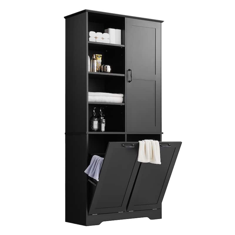 GDFStudio - Elijah Tall Bathroom Cabinet with Tilt-Out Laundry Hampers and Adjustable Shelves