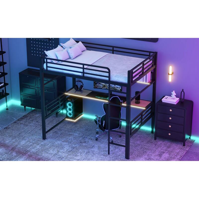 Full Size Metal Loft Bed with Storage Shelf, LED Light, and Built-in Desk