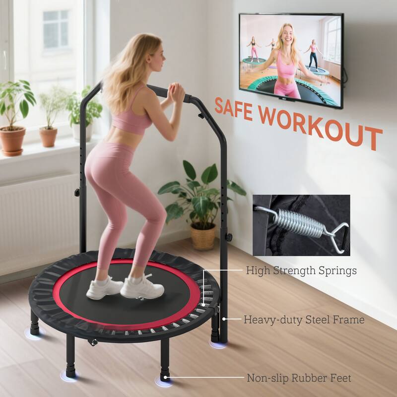 Soozier 40" Foldable Mini Trampoline, for Adults with Adjustable Foam Handle and Resistance Bands, Max Load 330 lbs, Red