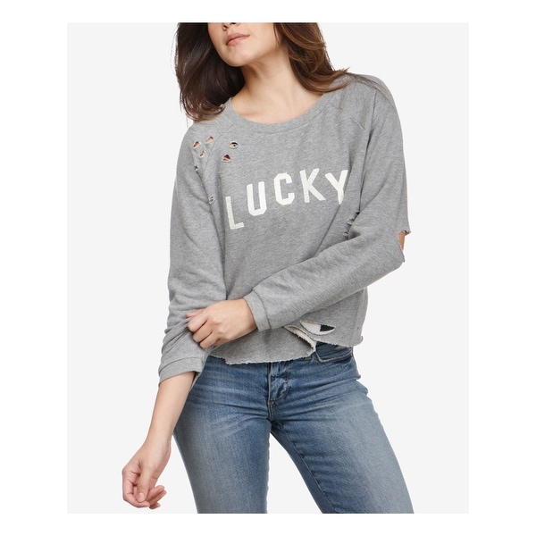 LUCKY BRAND Womens Gray Ripped Logo Long Sleeve Crew Neck Sweater Size: M