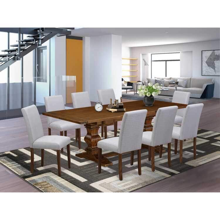 Classic 9-Piece Dining Set - Table & 8 Chairs - Linen Fabric - Mid-Century Style - 92