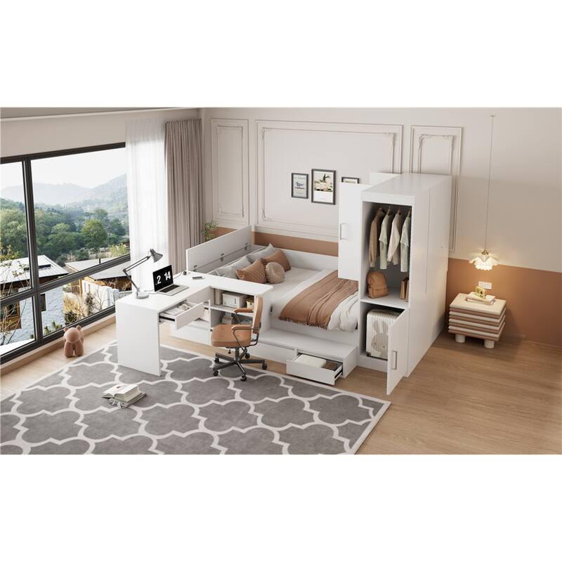 Roomfitters Full Platform Bed System with Integrated Desk, Wardrobe and Storage Bins, All-in-One Bedroom Suite
