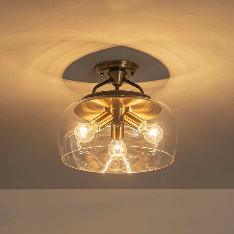 13" W 3-Light Modern Industrial Black Metal Semi-flush Mount Ceiling Light with Clear Dome Glass