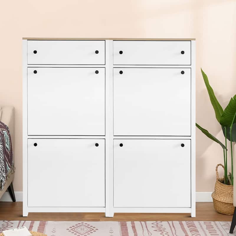 Modern Minimalist Set of Two Wooden Shoe Storage Cabinets - White
